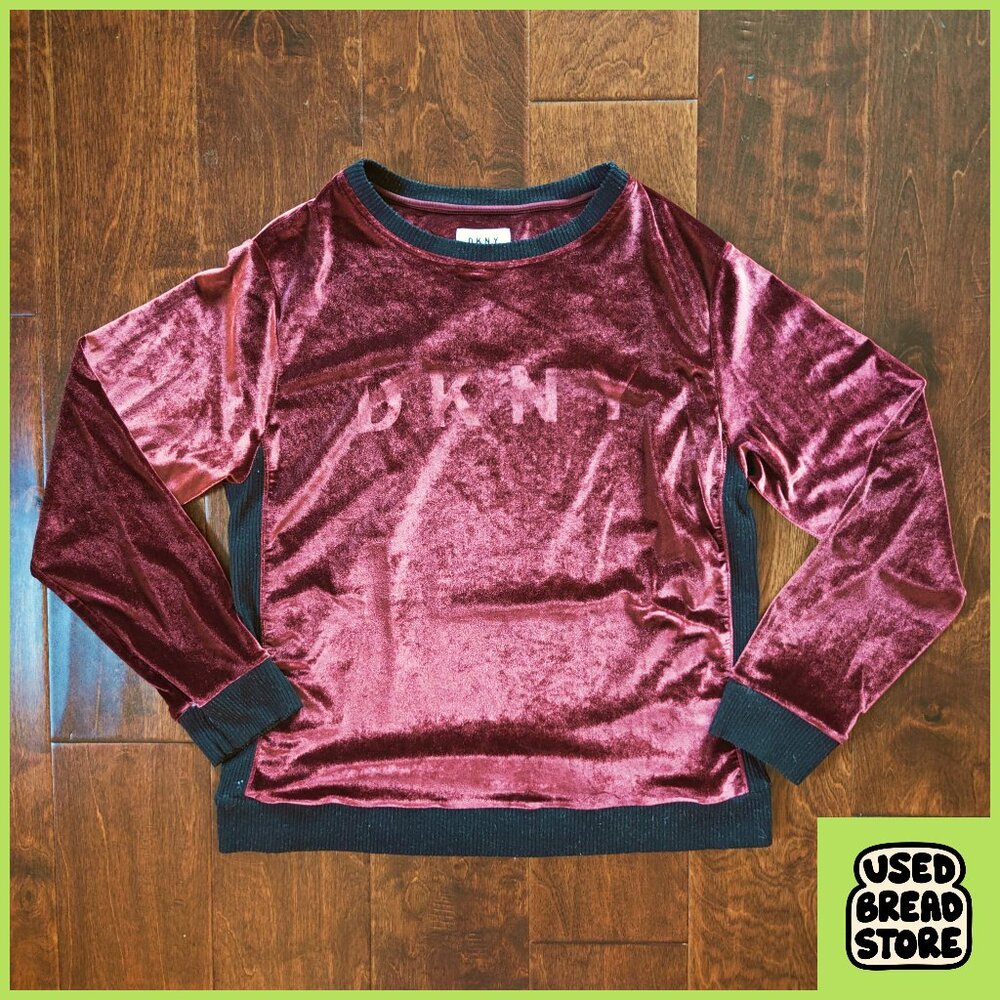 Large Womens DKNY Burgundy & Black Velvet Long Sleeve Shirt Luxurious Casual
